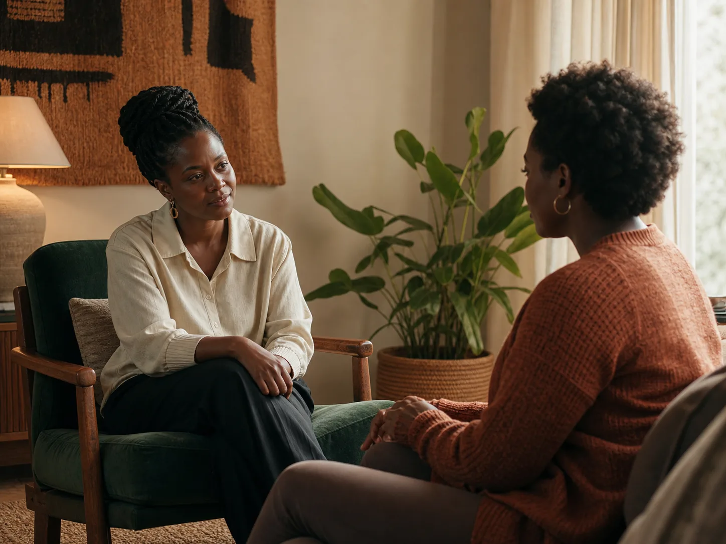 A therapist listening attentively during a calm conversation